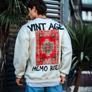 Erkek Bisiklet Yaka 3 İplik pamuklu Baskılı SweatShirt – Beyaz