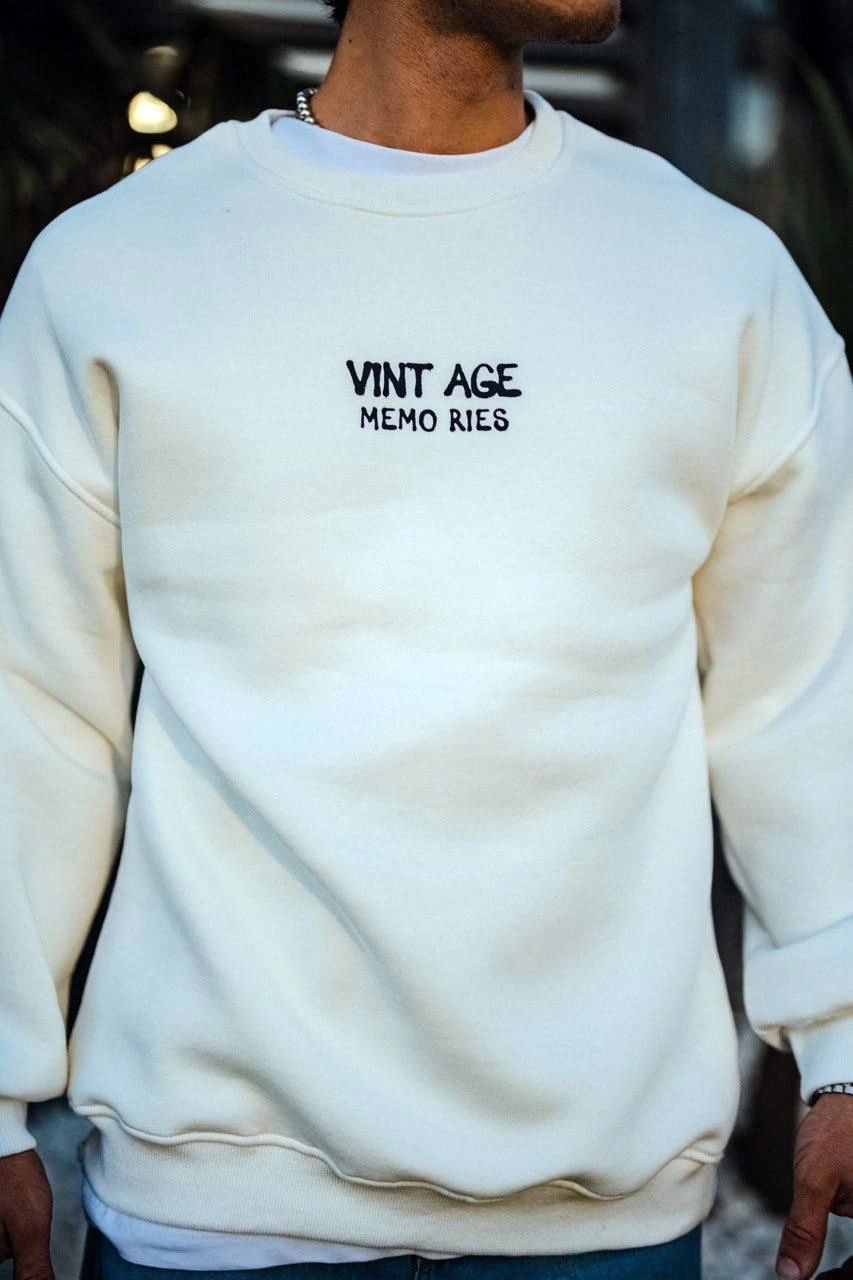 Erkek Bisiklet Yaka 3 İplik pamuklu Baskılı SweatShirt – Beyaz
