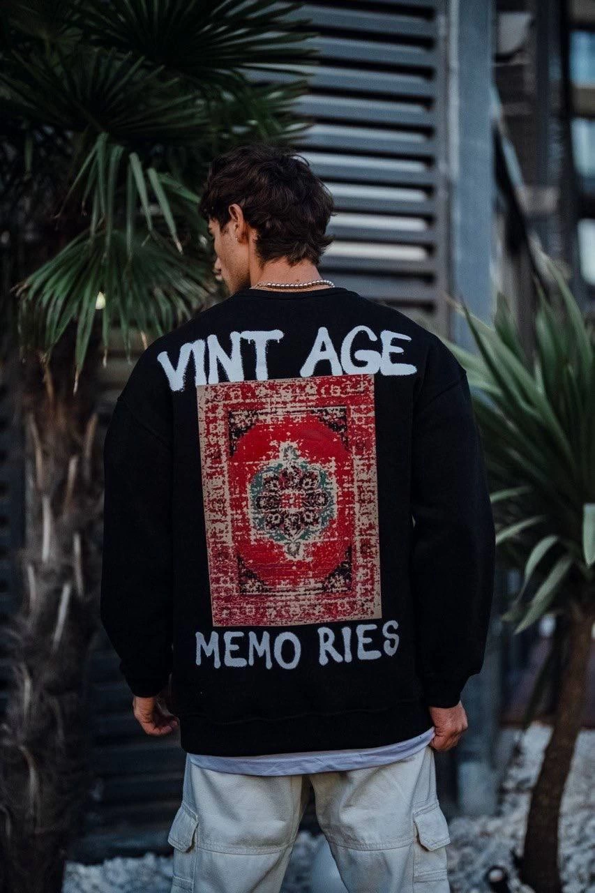 Erkek Bisiklet Yaka 3 İplik Pamuklu Baskılı SweatShirt – Siyah
