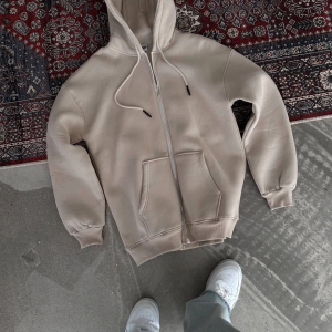 Kadın 3 İplik Pamuklu Kapüşonlu Kanguru Cepli Baskılı Oversize Hoodie Sweatshirt – Bej