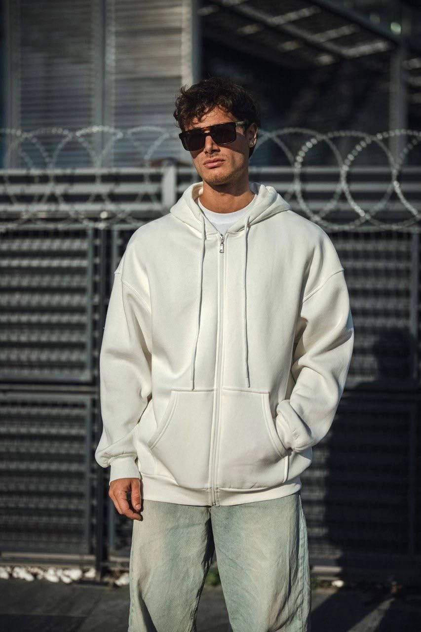 Erkek Tam Fermuarlı Cepli Kapüşonlu 3 iplik pamuklu hoodie Sweatshirt – Beyaz