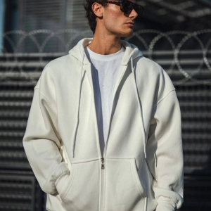 Erkek Tam Fermuarlı Cepli Kapüşonlu 3 iplik pamuklu hoodie Sweatshirt – Beyaz