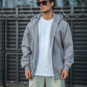 Erkek Tam Fermuarlı Cepli Kapüşonlu 3 iplik pamuklu hoodie Sweatshirt – Gri
