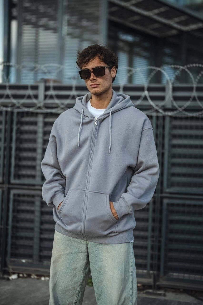 Erkek Tam Fermuarlı Cepli Kapüşonlu 3 iplik pamuklu hoodie Sweatshirt – Gri