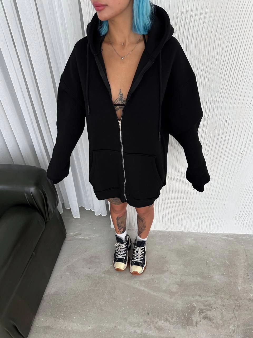 Kadın Tam Fermuarlı Cepli Kapüşonlu 3 iplik pamuklu hoodie Sweatshirt – Siyah
