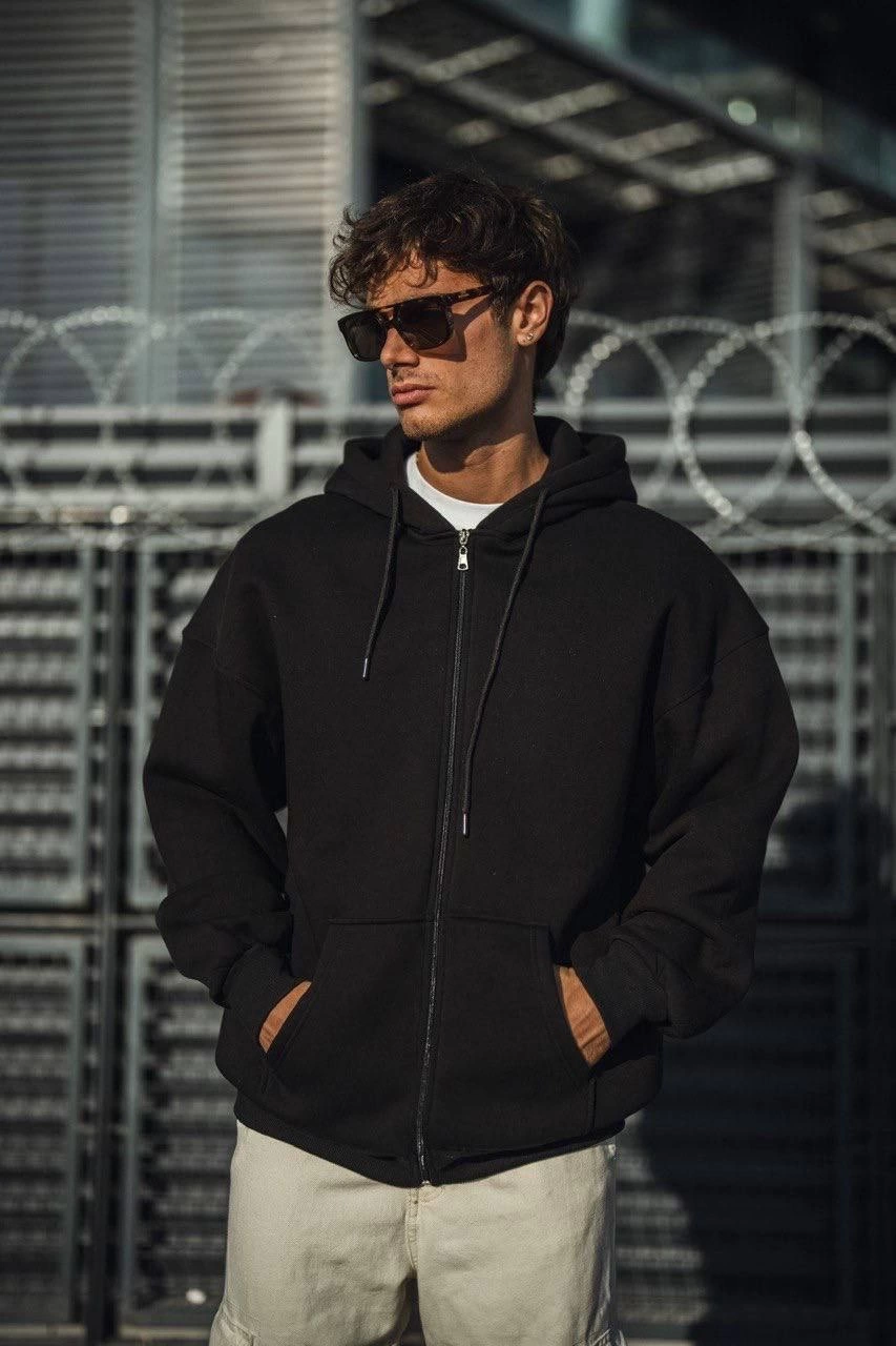 Erkek Tam Fermuarlı Cepli Kapüşonlu 3 iplik pamuklu hoodie Sweatshirt – Siyah
