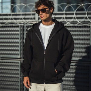 Erkek Tam Fermuarlı Cepli Kapüşonlu 3 iplik pamuklu hoodie Sweatshirt – Siyah