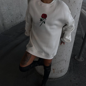 Kadın 3 iplik Pamuklu Bisiklet Yaka GÜL Baskılı SweatShirt – BeyazBeyaz
