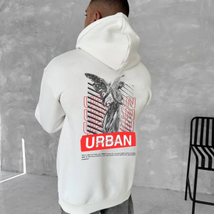 Erkek Kapüşonlu Kanguru Cepli Sweatshirt 3 İplik Pamuklu Baskılı Hoodie – Beyaz