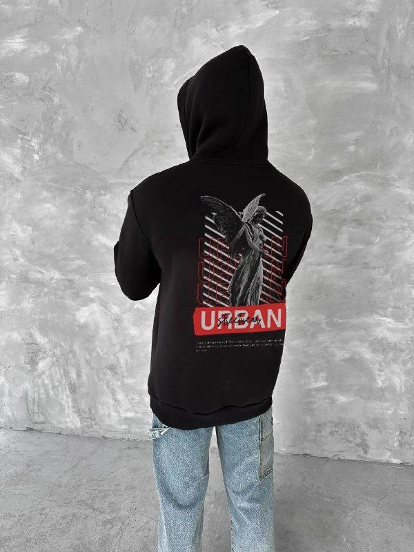Erkek Kapüşonlu Kanguru Cepli Sweatshirt 3 İplik Pamuklu Baskılı Hoodie – Siyah