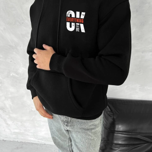 Erkek Kapüşonlu Kanguru Cepli Sweatshirt 3 İplik Pamuklu Baskılı Hoodie – Siyah