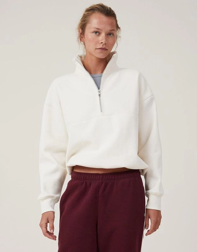 Kadın 3 İplik Pamuklu Oversize Yarım Fermuarlı Yakalı Basic Sweatshirt – Beyaz