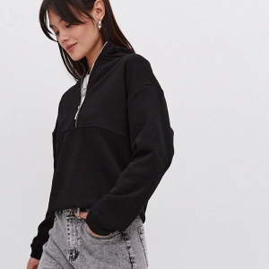 Kadın 3 İplik Pamuklu Oversize Yarım Fermuarlı Yakalı Basic Sweatshirt – Siyah