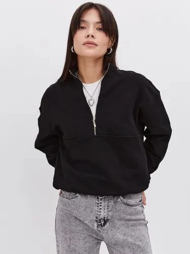 Kadın 3 İplik Pamuklu Oversize Yarım Fermuarlı Yakalı Basic Sweatshirt – Siyah