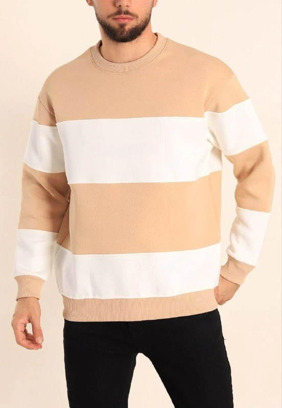 Erkek 3 iplik pamuklu Parçalı Bisiklet Yaka SweatShirt – Bej