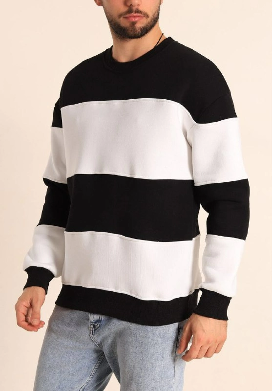 Erkek 3 iplik pamuklu Parçalı Bisiklet Yaka SweatShirt – Siyah