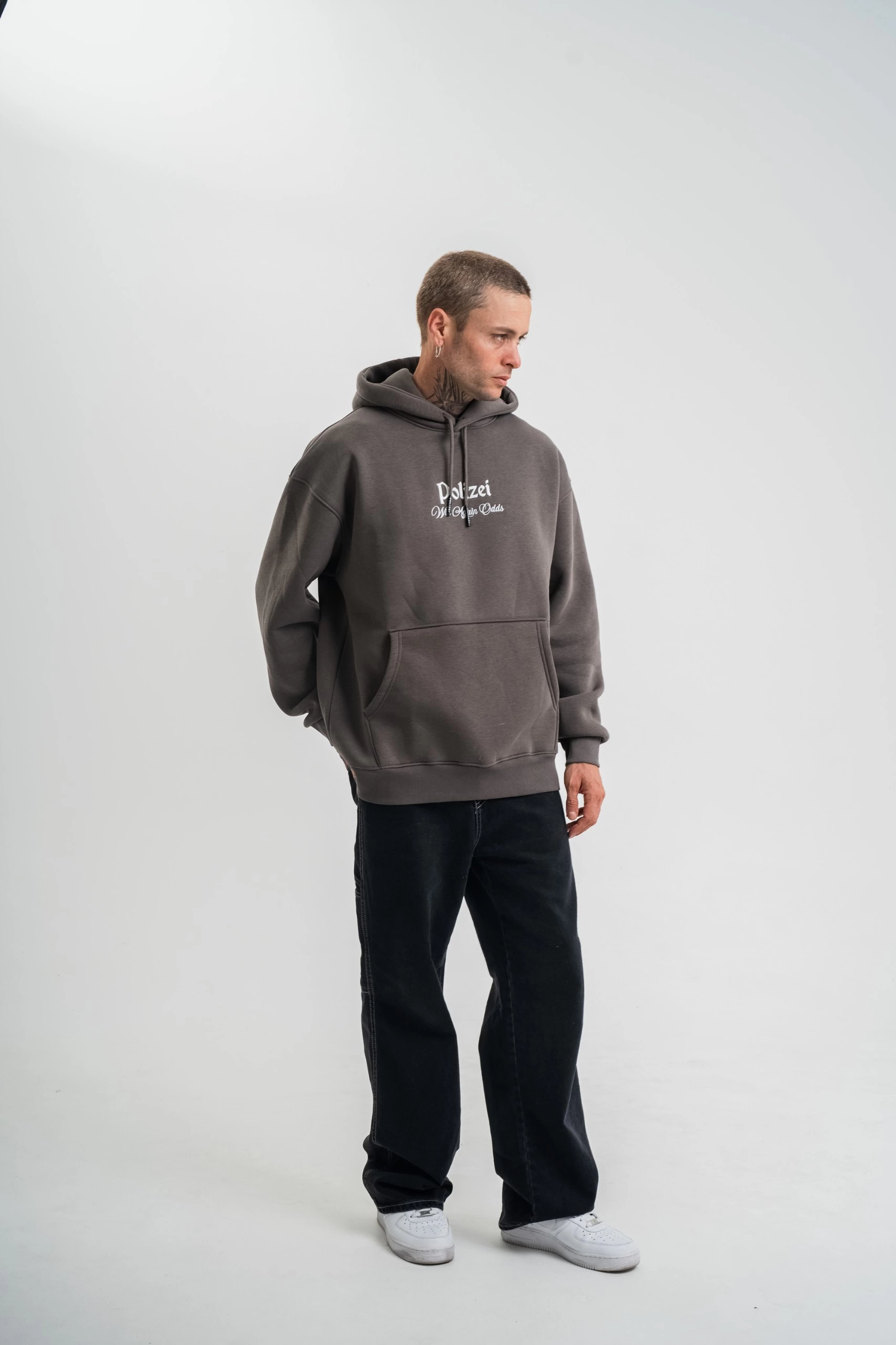 Erkek 3 İplik Kapüşonlu Hoodie Dijital Patchli SweatShirt – Füme