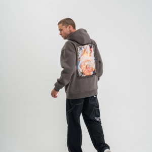 Erkek 3 İplik Kapüşonlu Hoodie Dijital Patchli SweatShirt – Füme