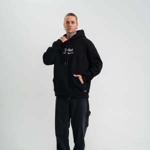 Erkek 3 İplik Pamuklu Kapüşonlu Baskılı Cepli Oversize Sweatshirt Hoodie – Siyah