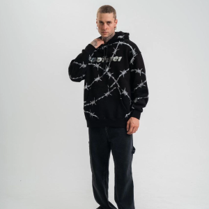 ERKEK Kapüşonlu Varak ve Pano Baskılı Hoodie SweatShirt- Siyah