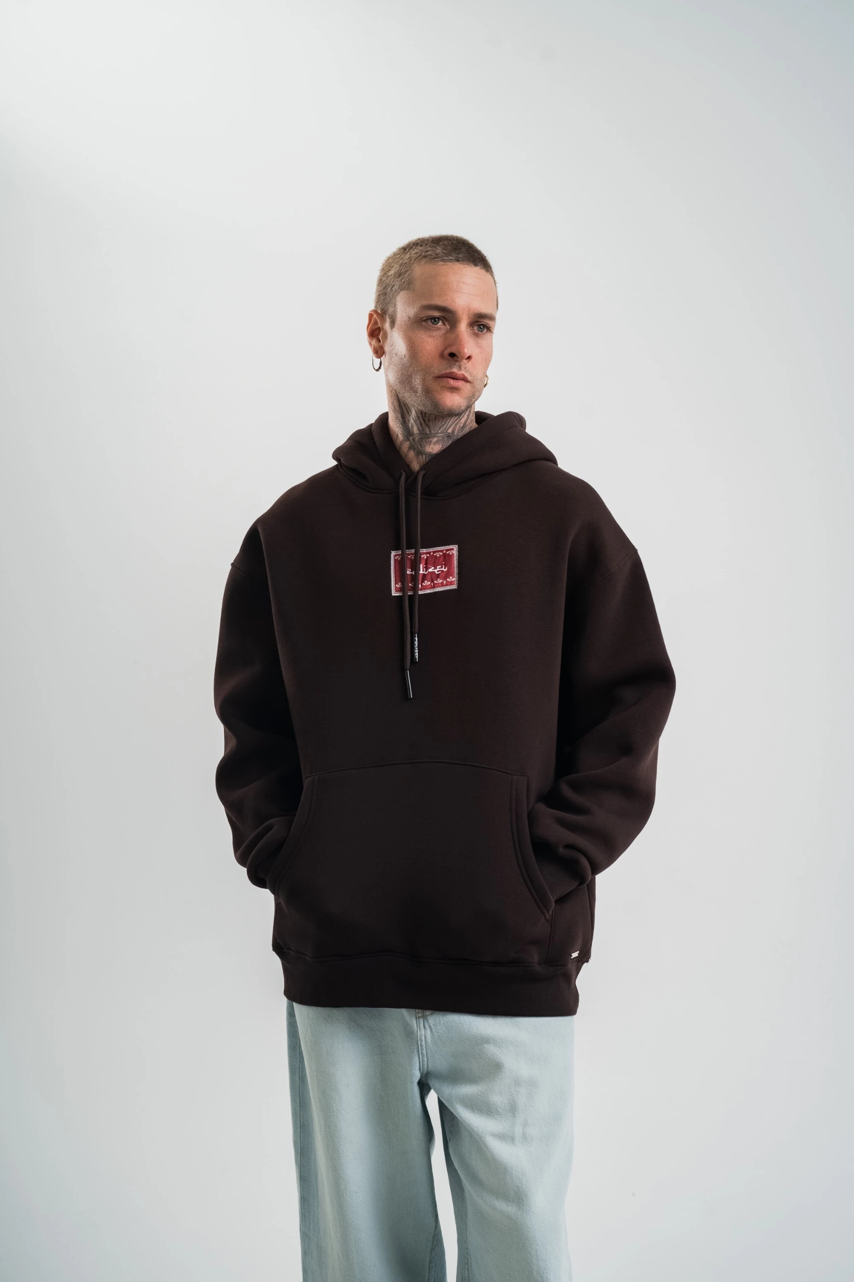 Erkek Nakışlı Kapüşonlu Oversize 3 İplik Pamuklu SweatShirt Hoodie – Siyah
