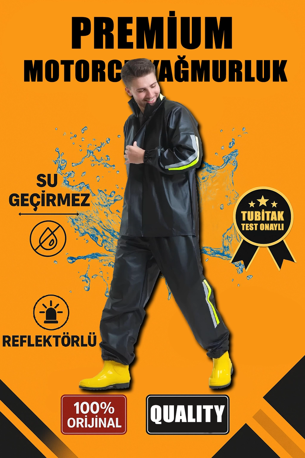 Erkek Premium Motorcu Kurye Yağmurluk Takım Su Geçirmez PVC Kumaş Reflektörlü – Siyah