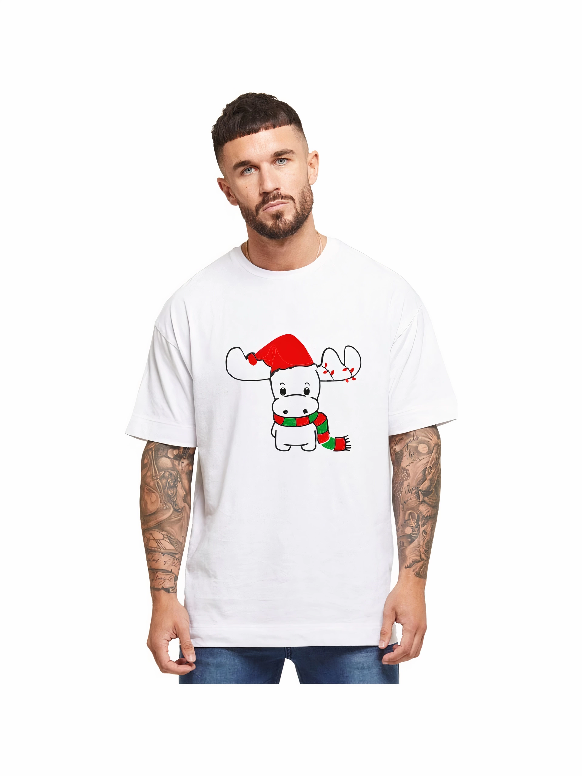 Yılbaşı Noel Ren Geyiği Baskılı Kısa Kollu Oversize Bisiklet Yaka T-shirt – Beyaz