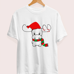 Yılbaşı Noel Ren Geyiği Baskılı Kısa Kollu Oversize Bisiklet Yaka T-shirt – Beyaz
