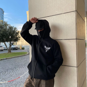 Erkek 3 iplik Samuray kapüşonlu ZIP Fermuarlı SweatShirt Hoodie – Siyah