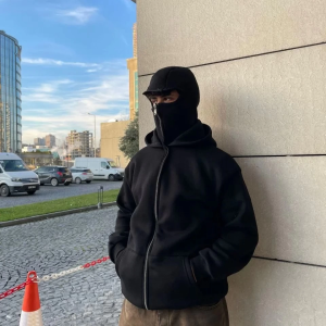 Samuray Ninja Çift Kapşonlu ZIP Fermuarlı Kanguru Çepli Tam Fermuarlı Hoodie Swetshirt – Siyah