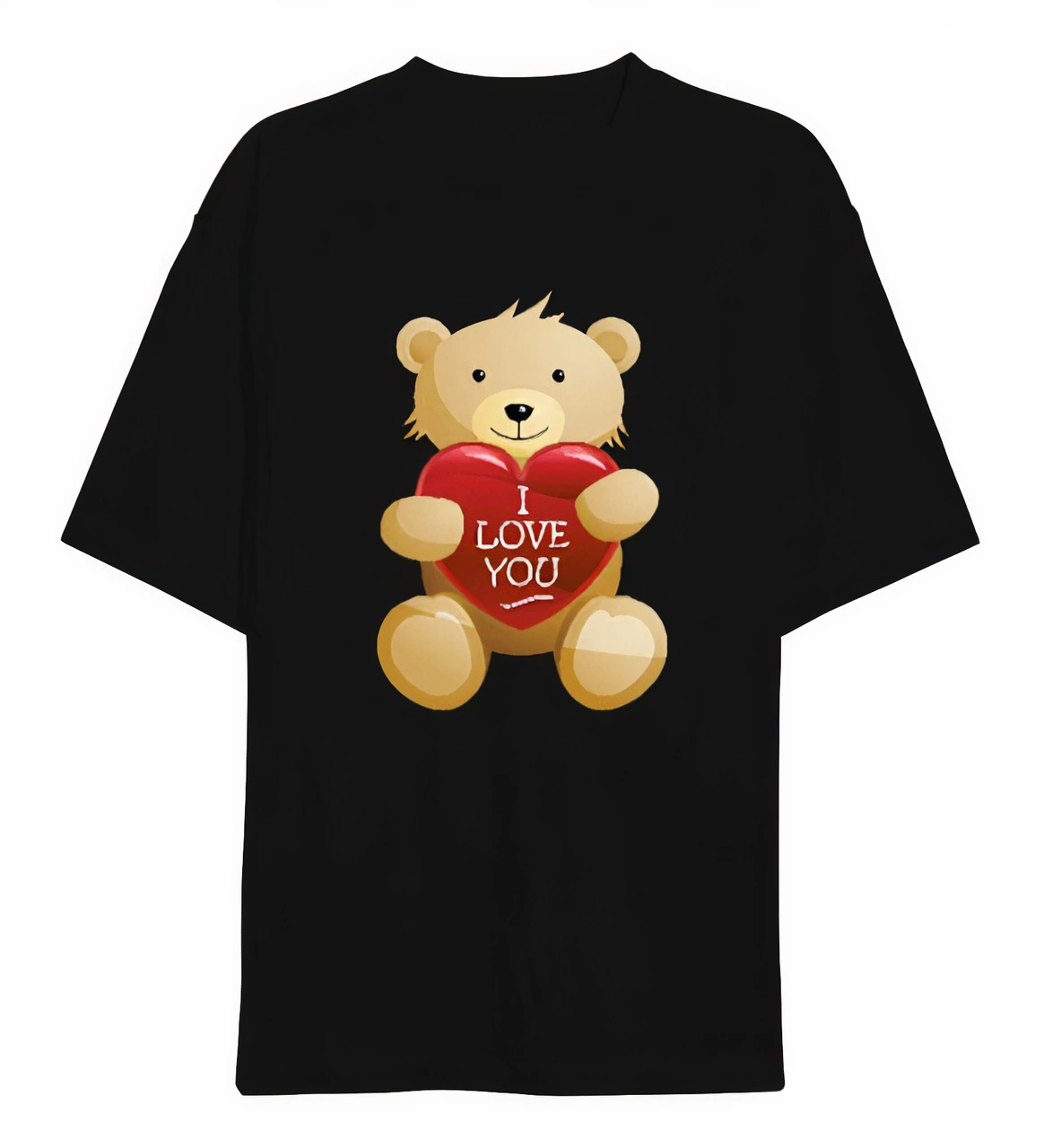 14 Şubat Sevgililer Günü I Love You Ayı Baskılı Oversize Bisiklet Yaka T-shirt – Siyah
