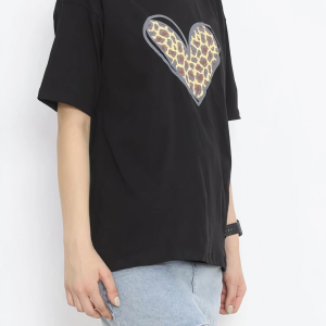 14 Şubat Sevgililer Günü Leopar Kalp Baskılı Oversize Bisiklet Yaka T-shirt – Siyah
