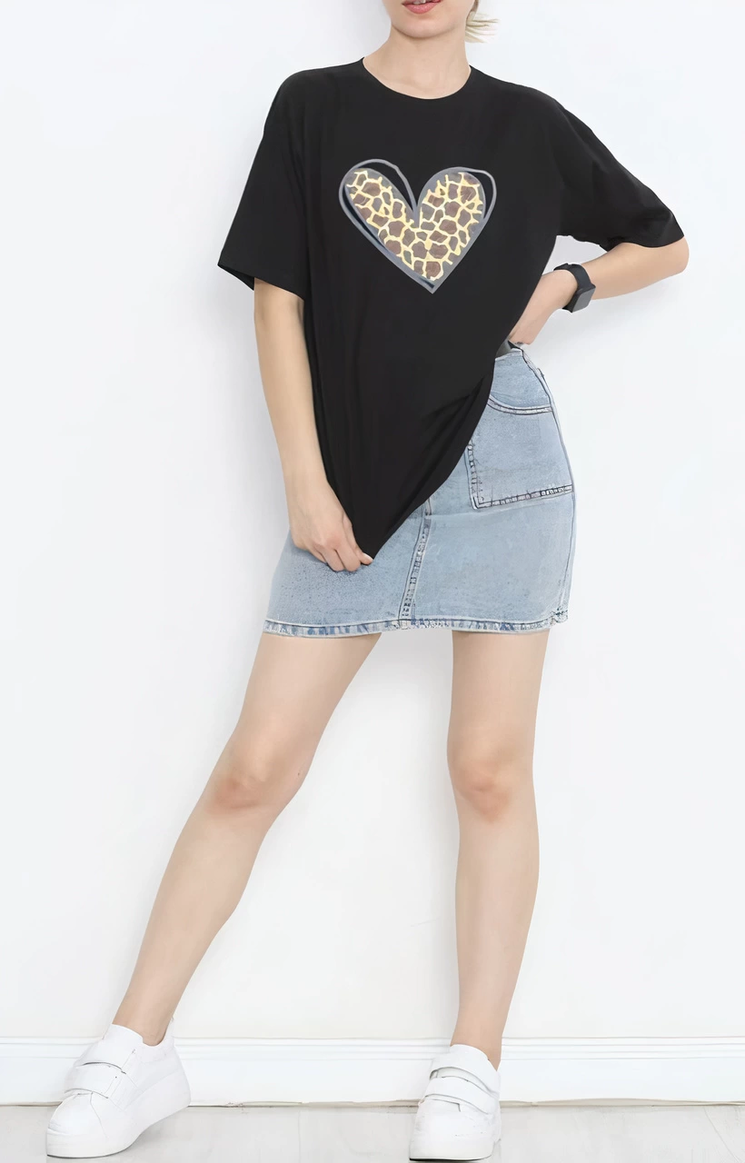 14 Şubat Sevgililer Günü Leopar Kalp Baskılı Oversize Bisiklet Yaka T-shirt – Siyah
