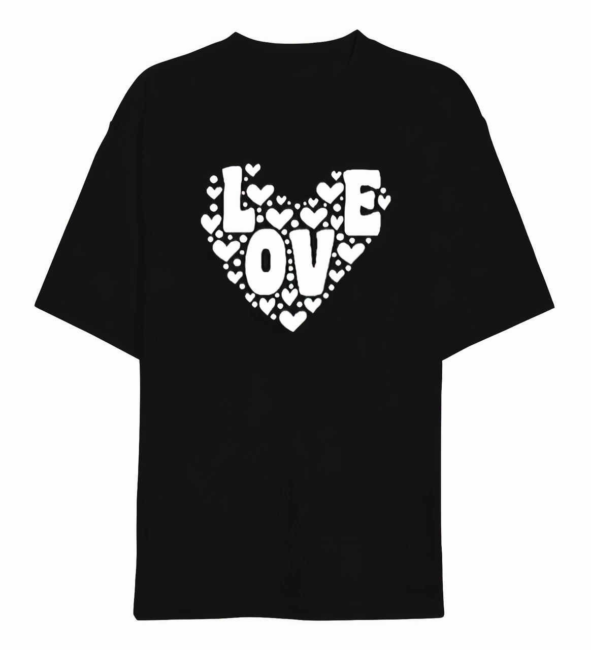 14 Şubat Sevgililer Günü Love Kalp Baskılı Oversize Bisiklet Yaka T-shirt – Siyah
