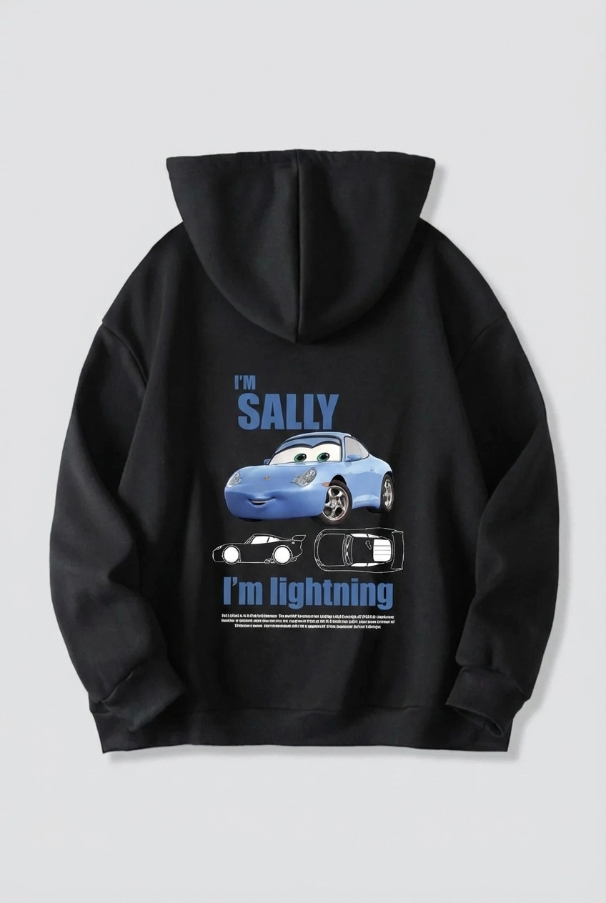 Sevgililer Günü Araba Temalı Baskılı Oversize Kapüşonlu Sweatshirt Hoodie – Siyah