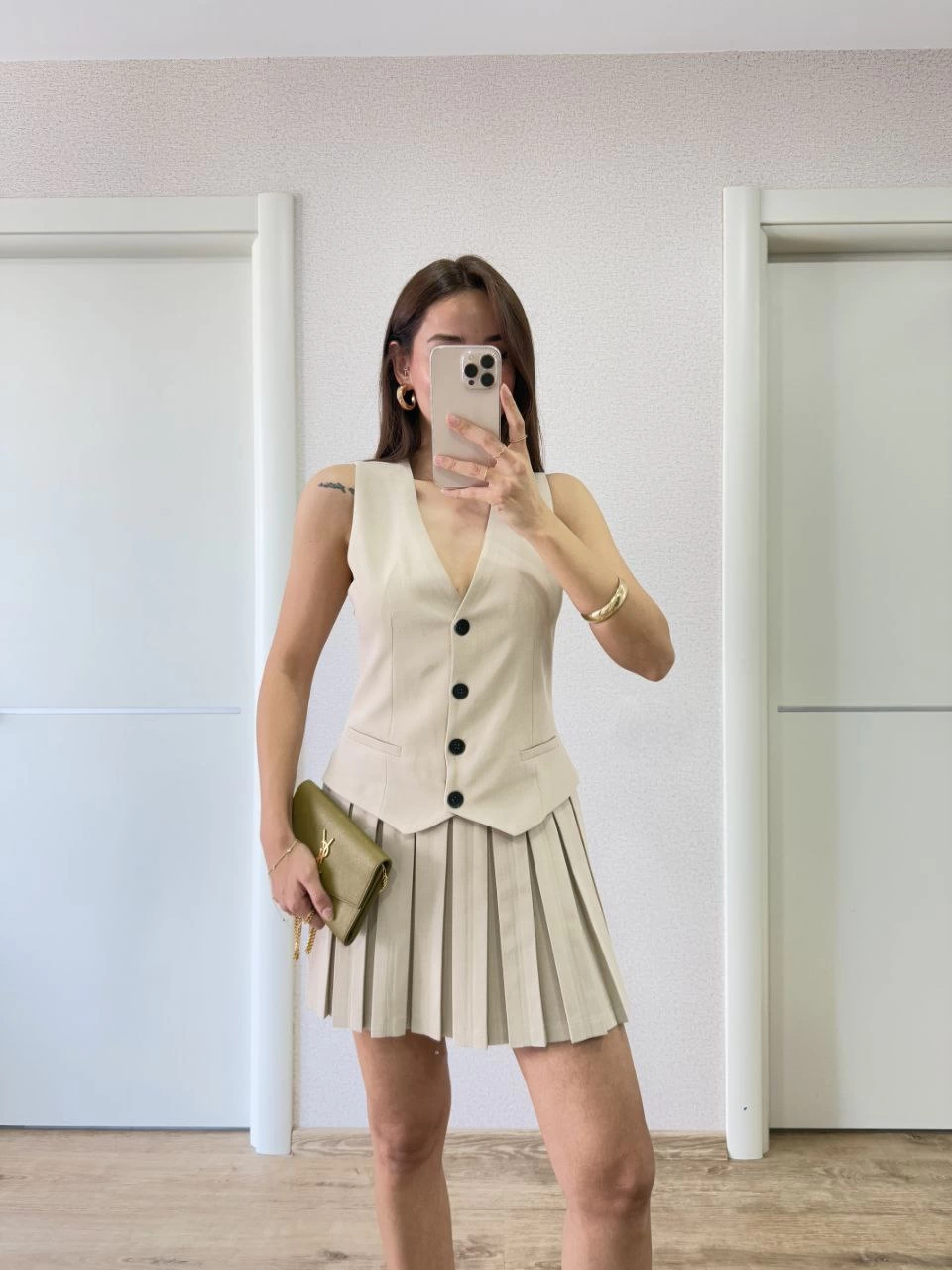 Kadın Keten Takım Görünümlü Düğme Detaylı Yelekli Mini Elbise – Bej