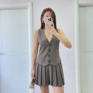 Kadın Keten Takım Görünümlü Düğme Detaylı Yelekli Mini Elbise – Füme