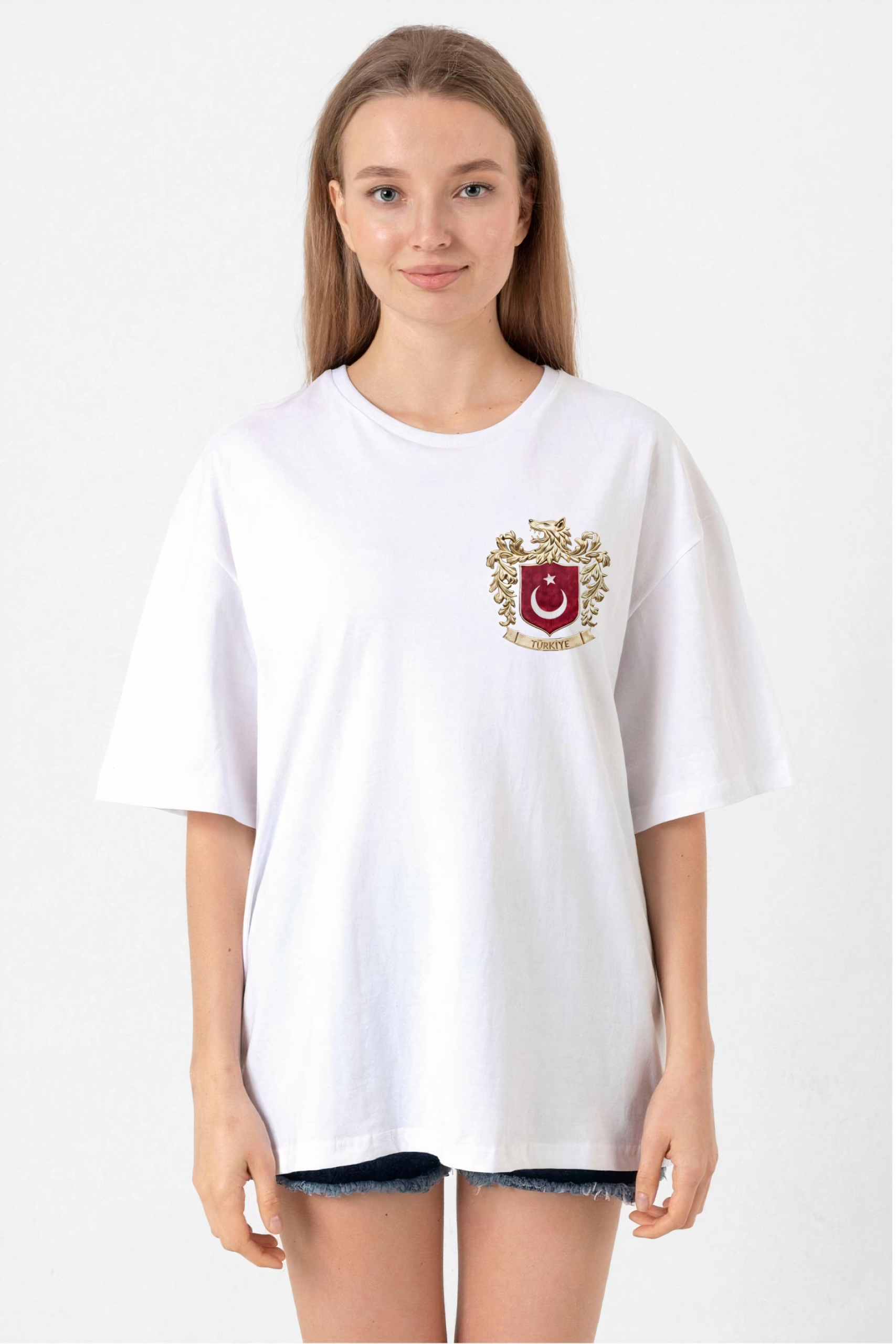 Türk Arma Baskılı Oversize Bisiklet Yaka Günlük T-shirt – Beyaz