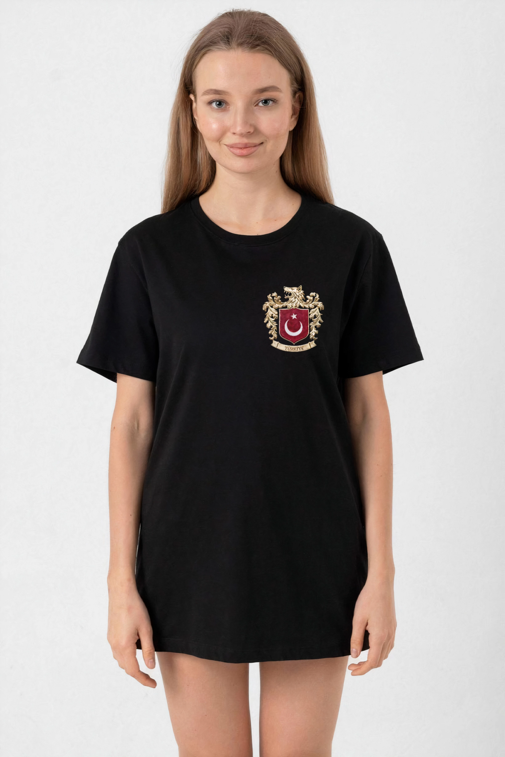 Türk Arma Baskılı Oversize Bisiklet Yaka Günlük T-shirt – Siyah