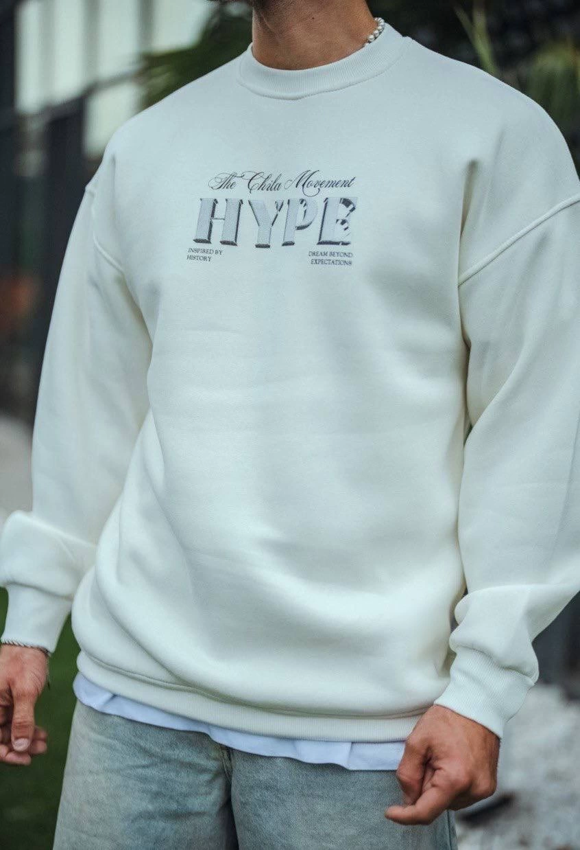 Erkek 3 İplik Pamuklu Bisiklet Yaka Baskılı SweatShirt – Beyaz