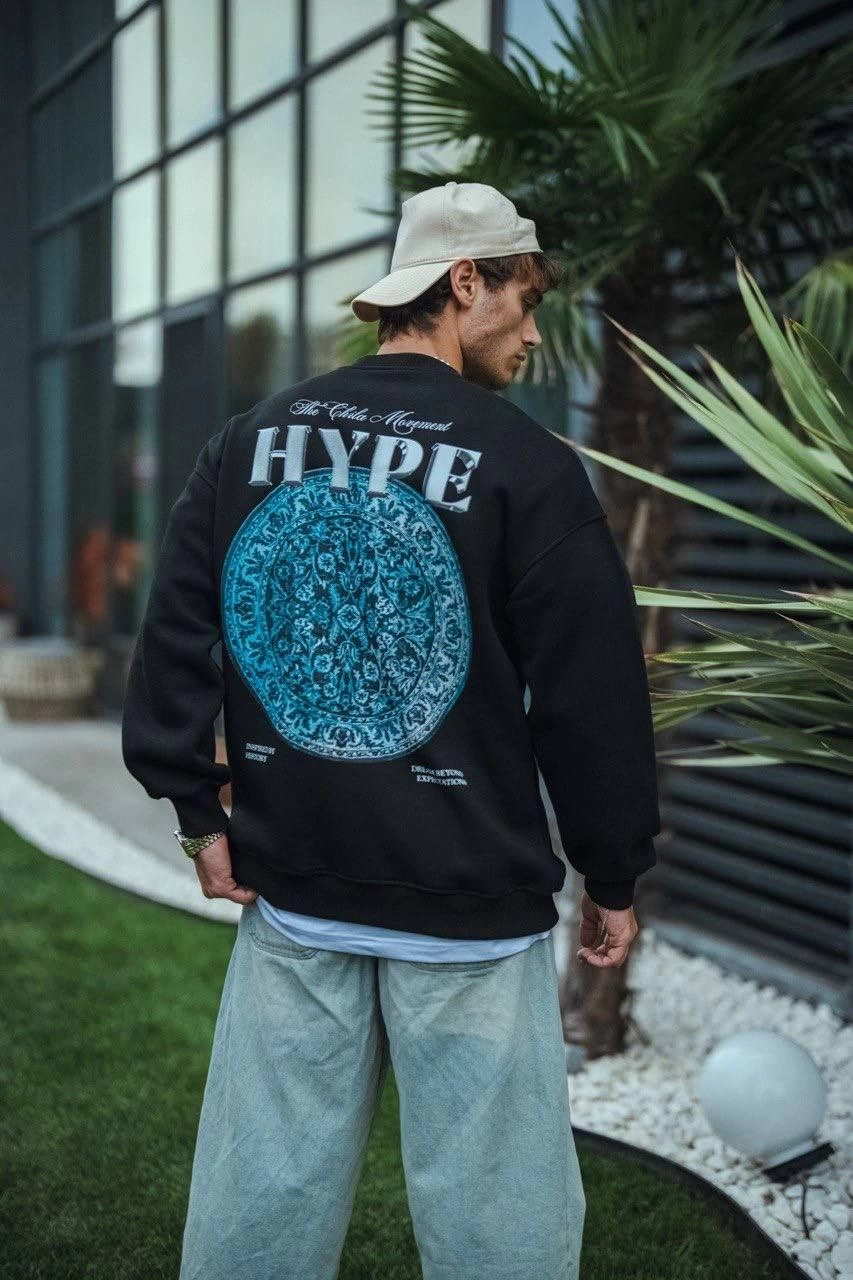 Erkek 3 İplik Pamuklu Bisiklet Yaka Baskılı SweatShirt – Siyah