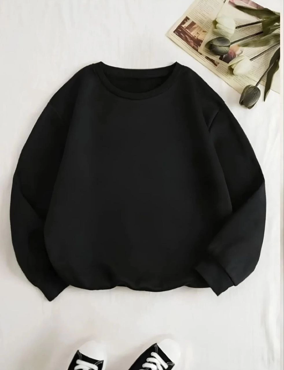 Kadın 3 İplik Pamuklu Bisikilet Yaka SweatShirt – Siyah