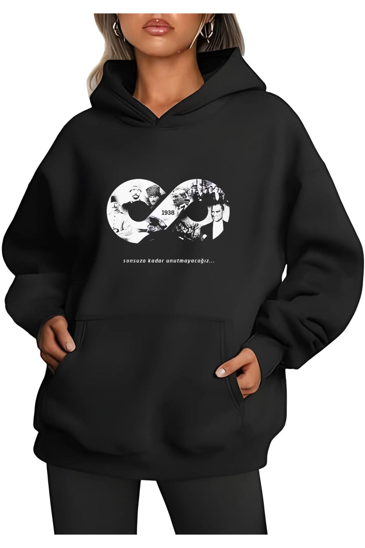 3 iplik Pamuklu Cepli Kapüşonlu 10 Kasıma Özel SweatShirt Hoodie – Siyah