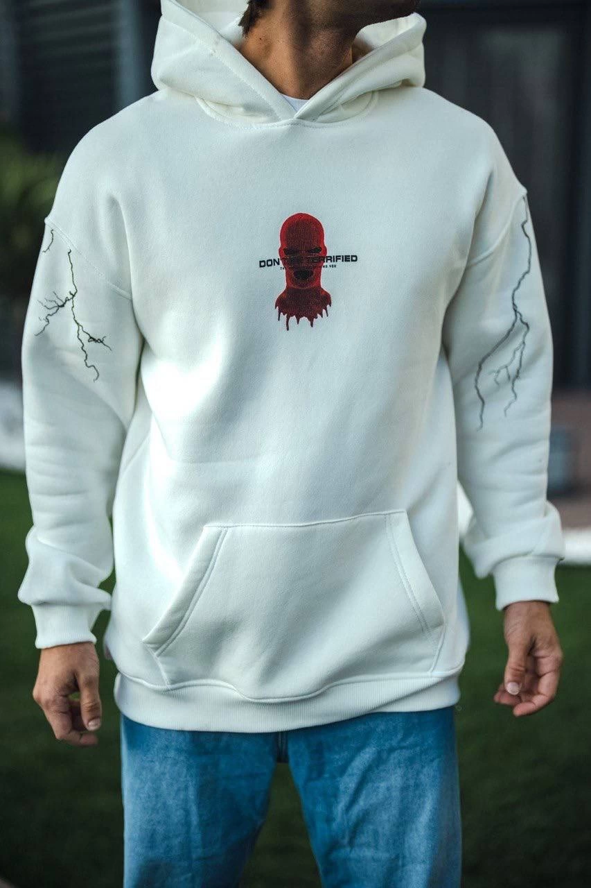 Erkek Kapüşonlu Kanguru Cepli Sweatshirt 3 İplik Pamuklu Baskılı Hoodie – Beyaz