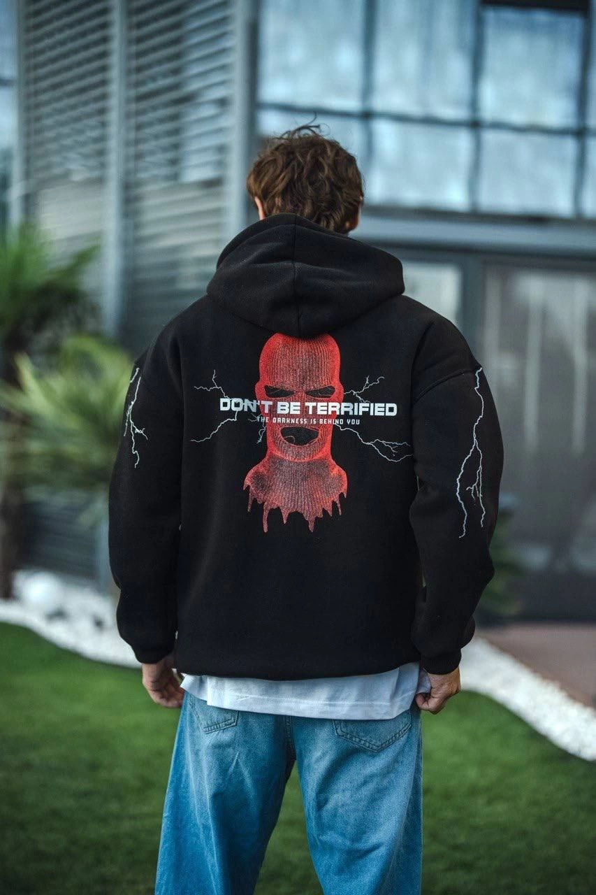 Erkek Kapüşonlu Kanguru Cepli Sweatshirt 3 İplik Pamuklu Baskılı Hoodie – Siyah