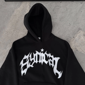 Kadın Kapüşonlu Kanguru Cepli Sweatshirt 3 İplik Pamuklu Baskılı Hoodie – Siyah
