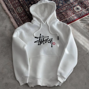 Kadın Oversize Kapüşonlu Cepli Baskılı 3 İplik Pamuklu Hoodie Sweatshirt – Beyaz