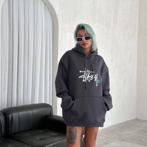 Kadın Oversize Kapüşonlu Cepli Baskılı 3 İplik Pamuklu Hoodie Sweatshirt – Füme