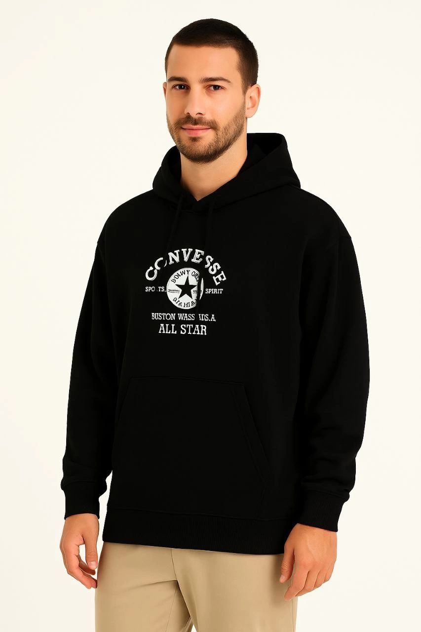 Erkek Kapüşonlu Kanguru Cepli Sweatshirt 3 İplik Pamuklu Baskılı Hoodie – Siyah