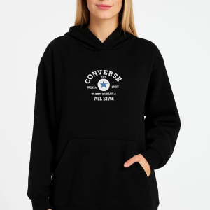 Kadın Kapüşonlu Kanguru Cepli Sweatshirt 3 İplik Pamuklu Baskılı Hoodie – Siyah